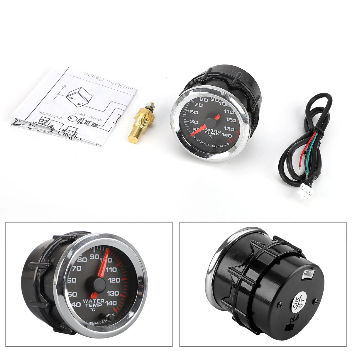 52mm 12V Water Temp Gauge 40-140°C 7 Color LED Pointer Stepper Motor Meter