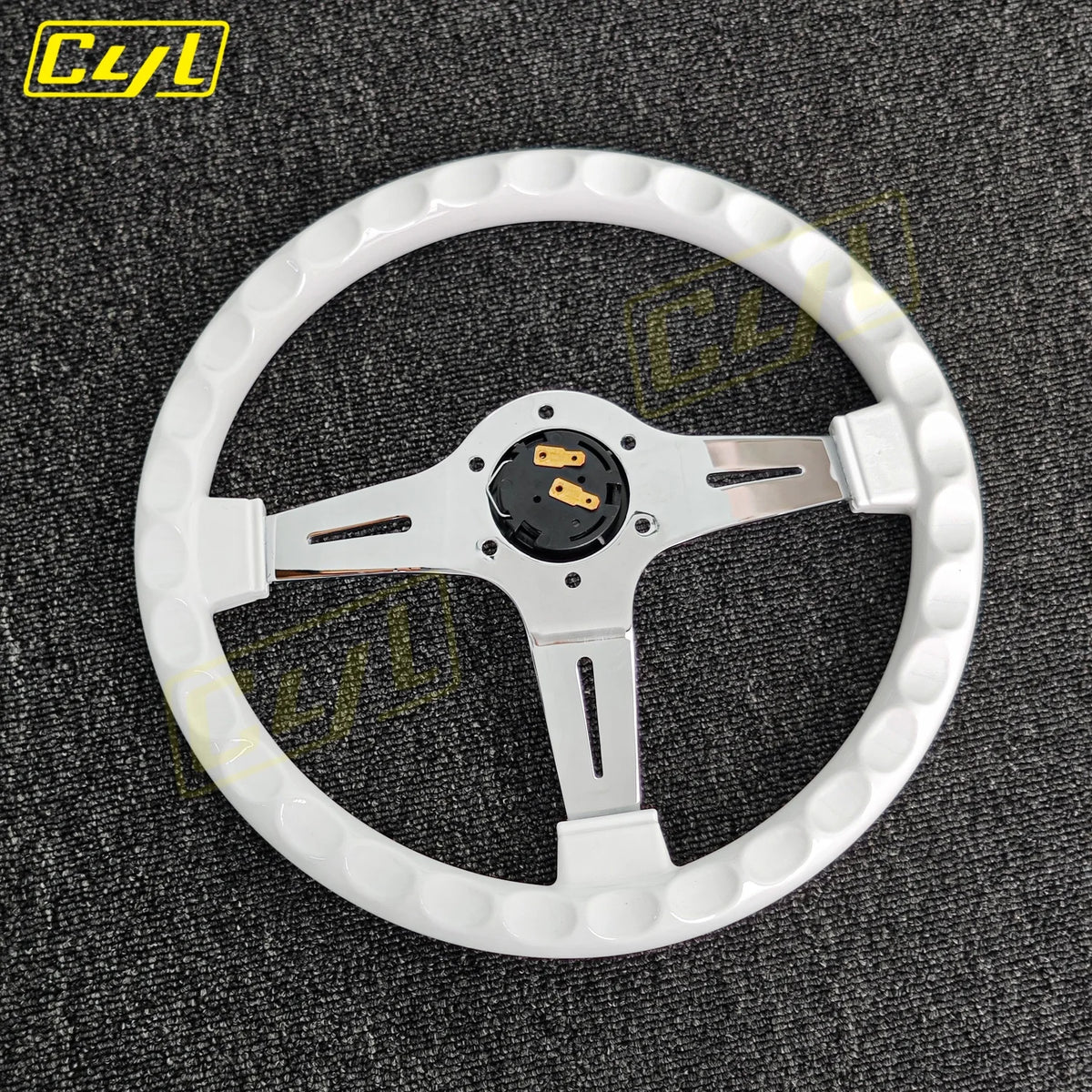 14" White Deep Dish Steering Wheel Chrome Spoke Racing Drift Wheel Rivets