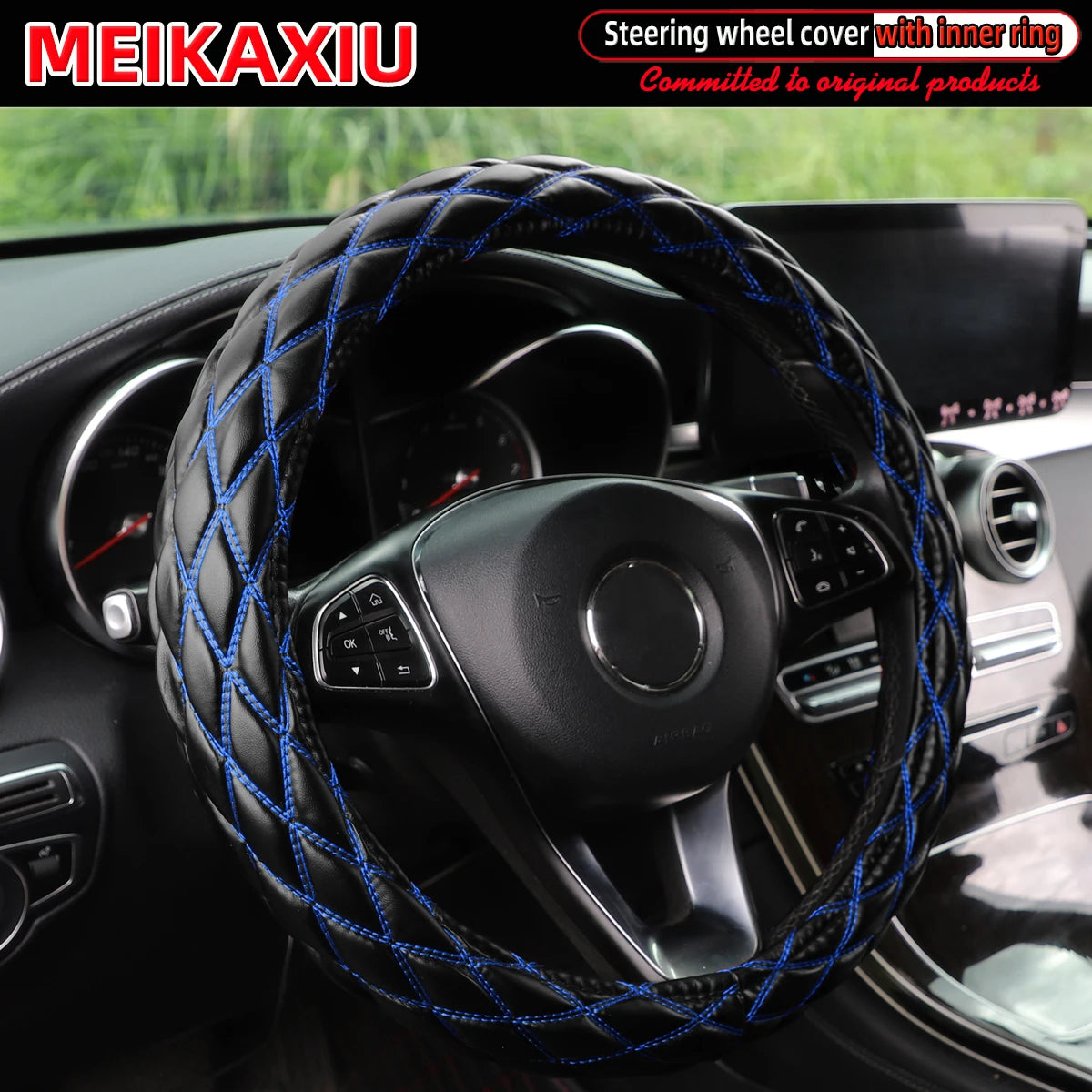 36–38cm Universal PU Leather Sheepskin Embroidered Steering Wheel Cover