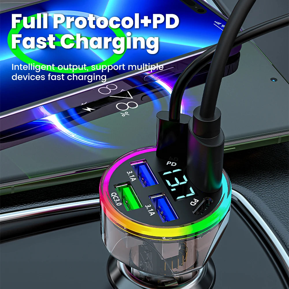 6 Port Car USB Charger 4 USB + 2 Type C PD QC3.0 Fast Charge Digital Display