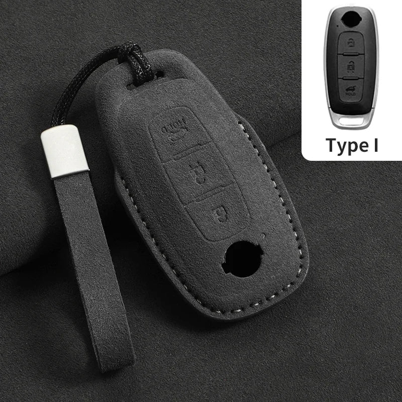 3-Button Suede Smart Key Case Cover with Keyring for Nissan Qashqai X-Trail