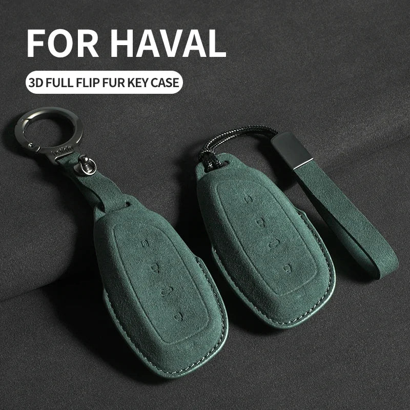 Suede Car Key Case Cover with Keychain for Great Wall Haval H6, Jolion