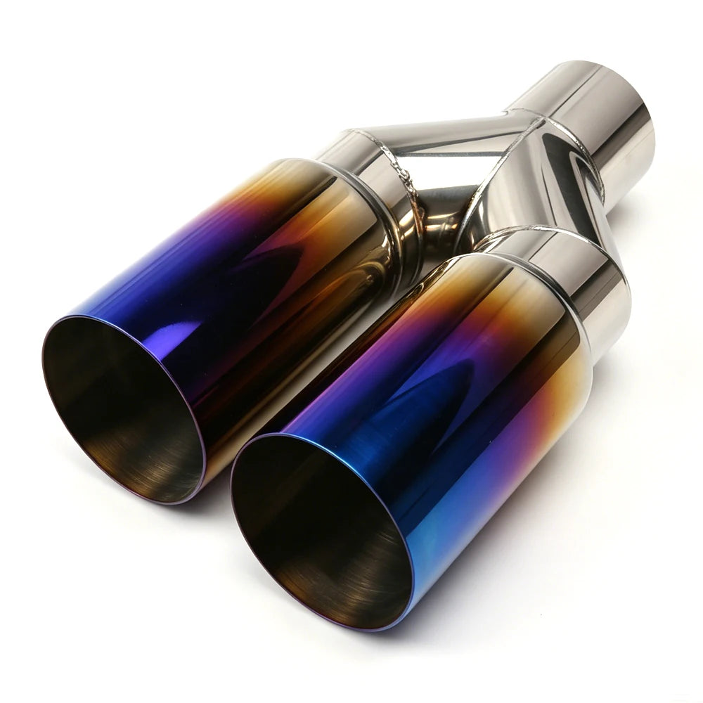 Universal 63mm Inlet to 76mm Dual Outlet Stainless Steel Exhaust Tailpipe Muffler Tip