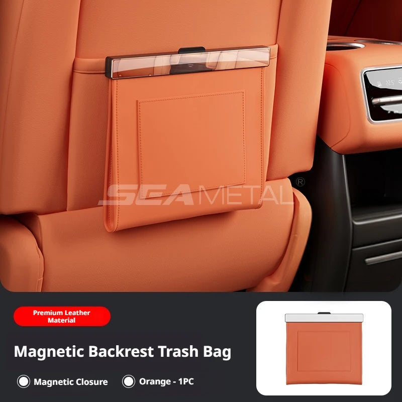 Leather Car Trash Can Magnetic Seat Back Hanging Storage Bag Organizer