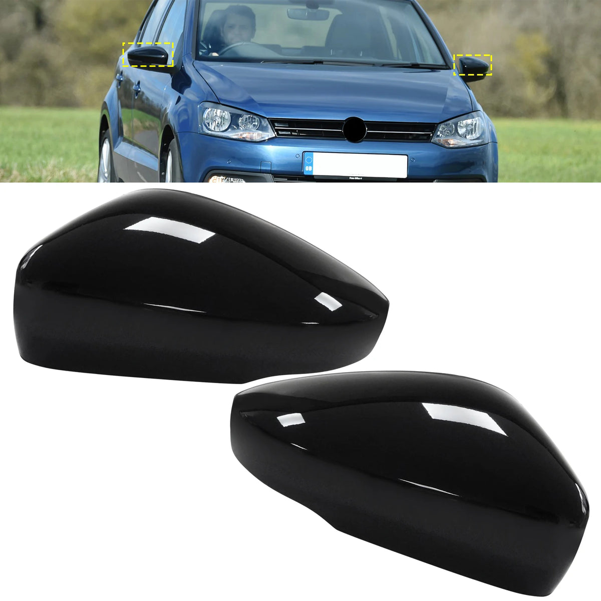 Gloss Black Wing Mirror Cover Caps Pair for VW Polo 6R 2009-2018 UP 2016+