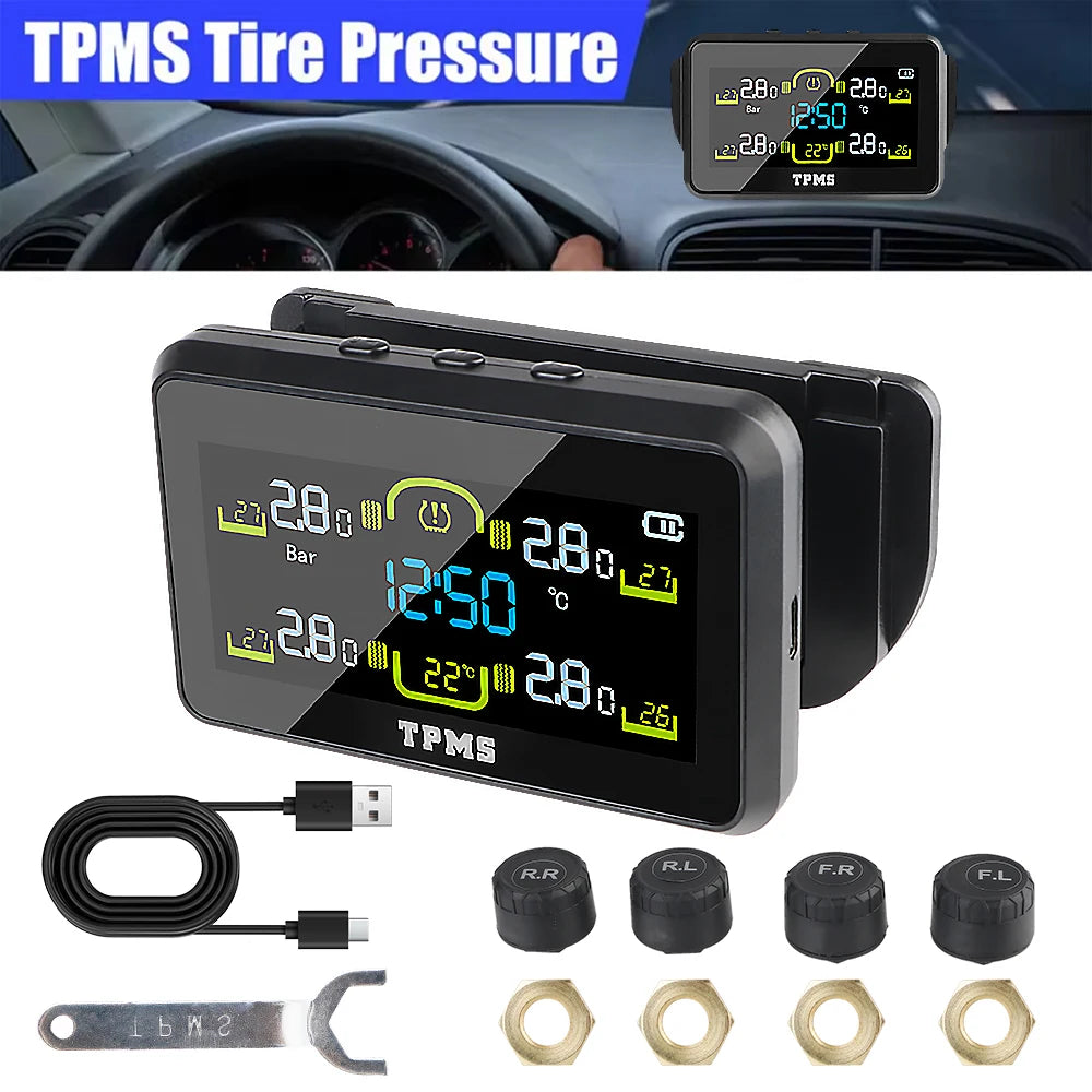 Solar TPMS Tire Pressure Monitor T14-1 4 External Sensors Temperature Warning