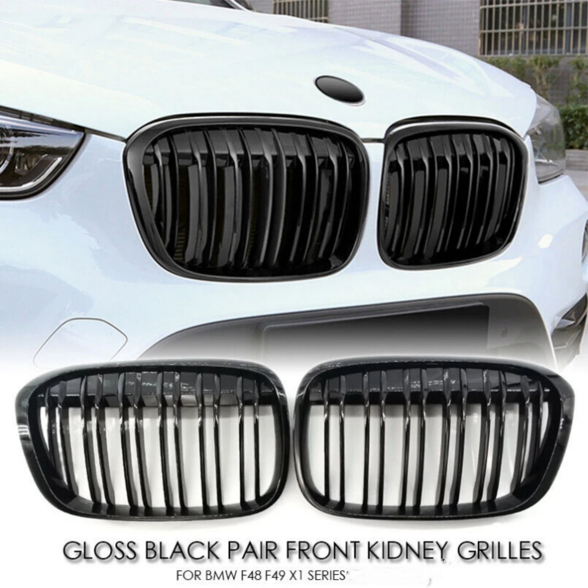 Gloss Black Double Slat M Style Kidney Grille for BMW X1 F48 F49 2016–2020