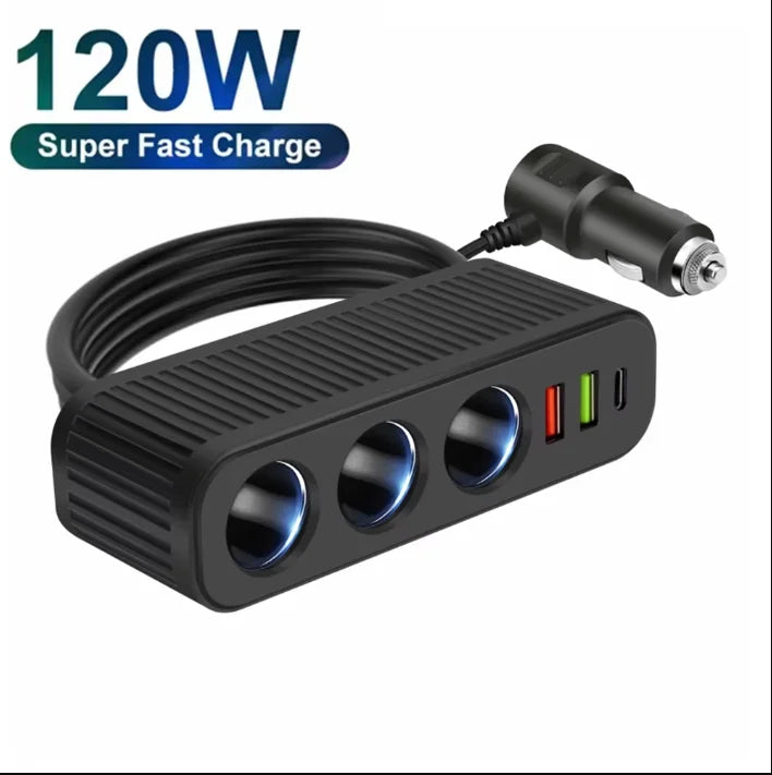 3-in-1 120W USB Type-C Car Charger Cigarette Lighter Socket Splitter 12V 24V