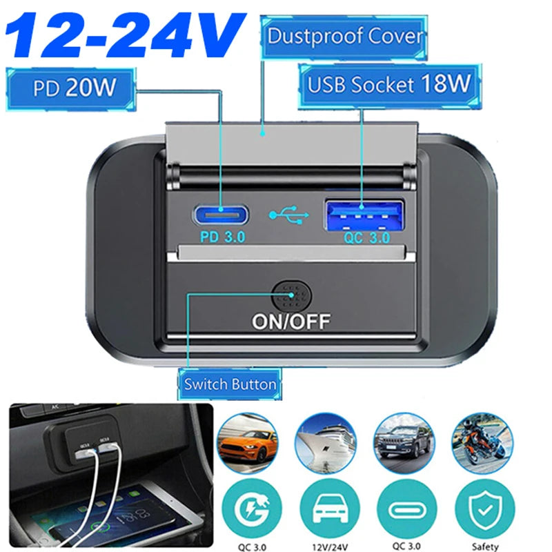 12V-24V Dual USB Car Charger Socket QC3.0 PD Fast Charge ON/OFF Switch RV