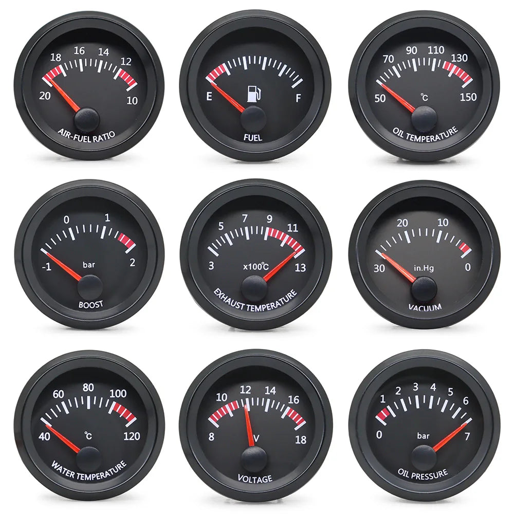 52mm 12V Car Water Oil Temp Pressure Fuel Volt Boost AFR EGT Gauge Meter