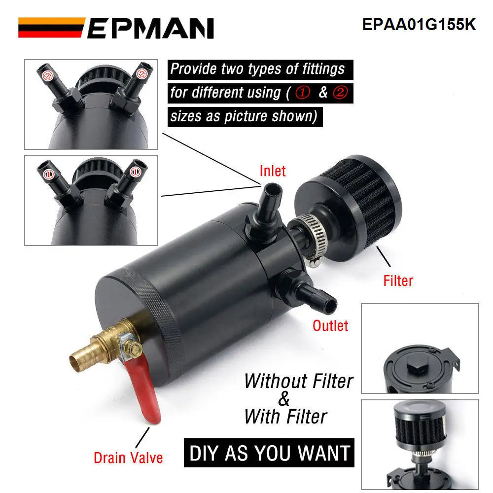 EPMAN Baffled Oil Catch Can 350ml Aluminum 2 Port Tank with Drain Valve