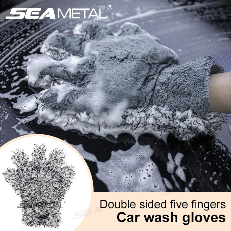 SEAMETAL 5 Finger Car Wash Glove Double Sided Plush Coral Cleaning Mitt