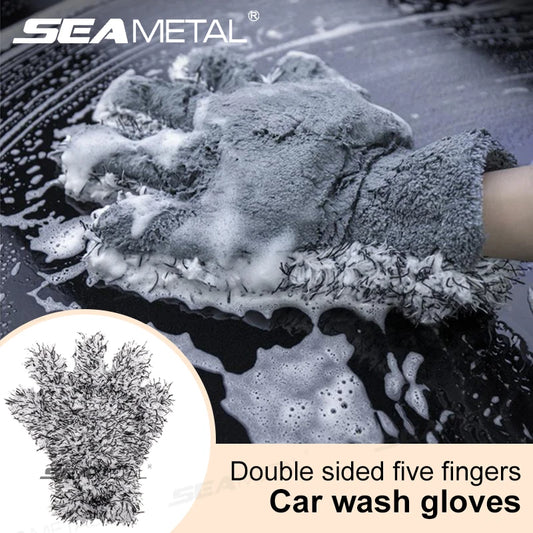 SEAMETAL 5 Finger Car Wash Glove Double Sided Plush Coral Cleaning Mitt