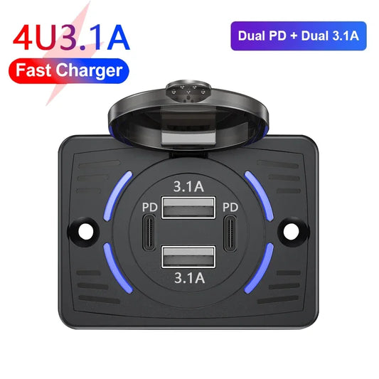 12V-24V Dual USB Car Charger Socket QC3.0 PD 3.1A 2.1A Panel Outlet RV