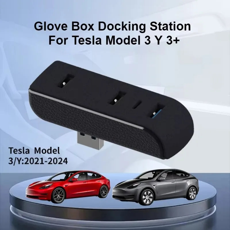 4-in-1 USB Hub Glove Box Docking Station for Tesla Model 3 Y Juniper USB Extender