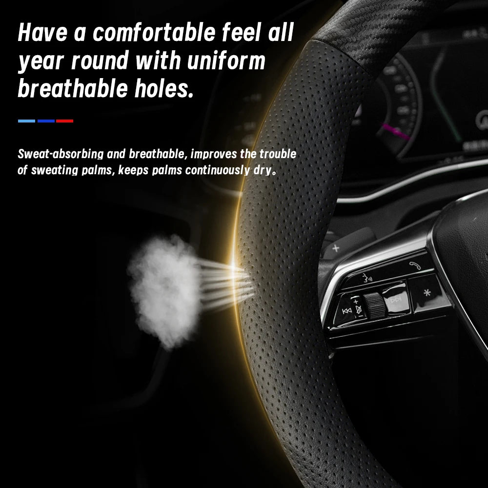 Leather Carbon Fiber Steering Wheel Cover for BYD Breathable Matte Universal Fit