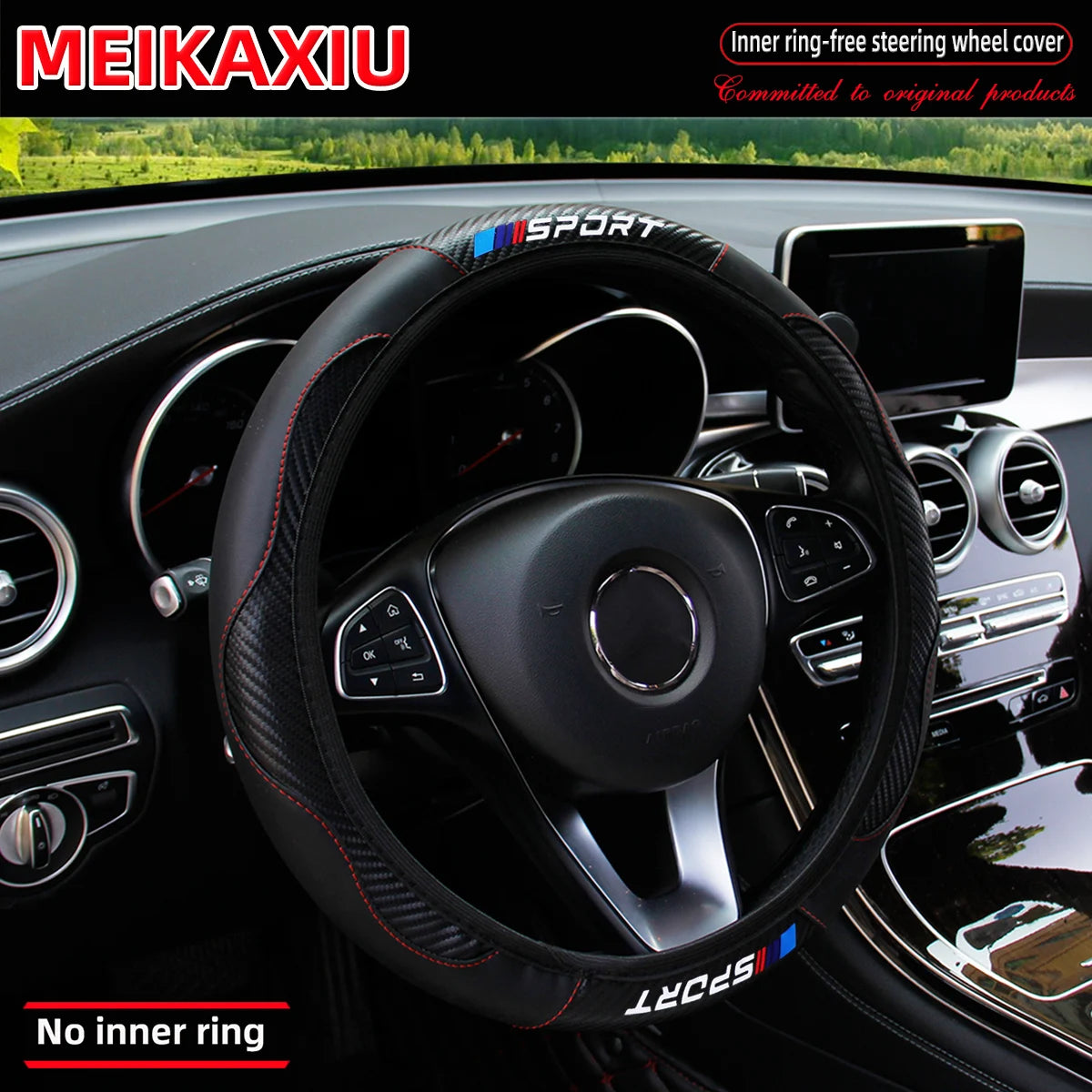 SPORT Carbon Fiber PU Leather Steering Wheel Cover Universal Rimless Non-Slip