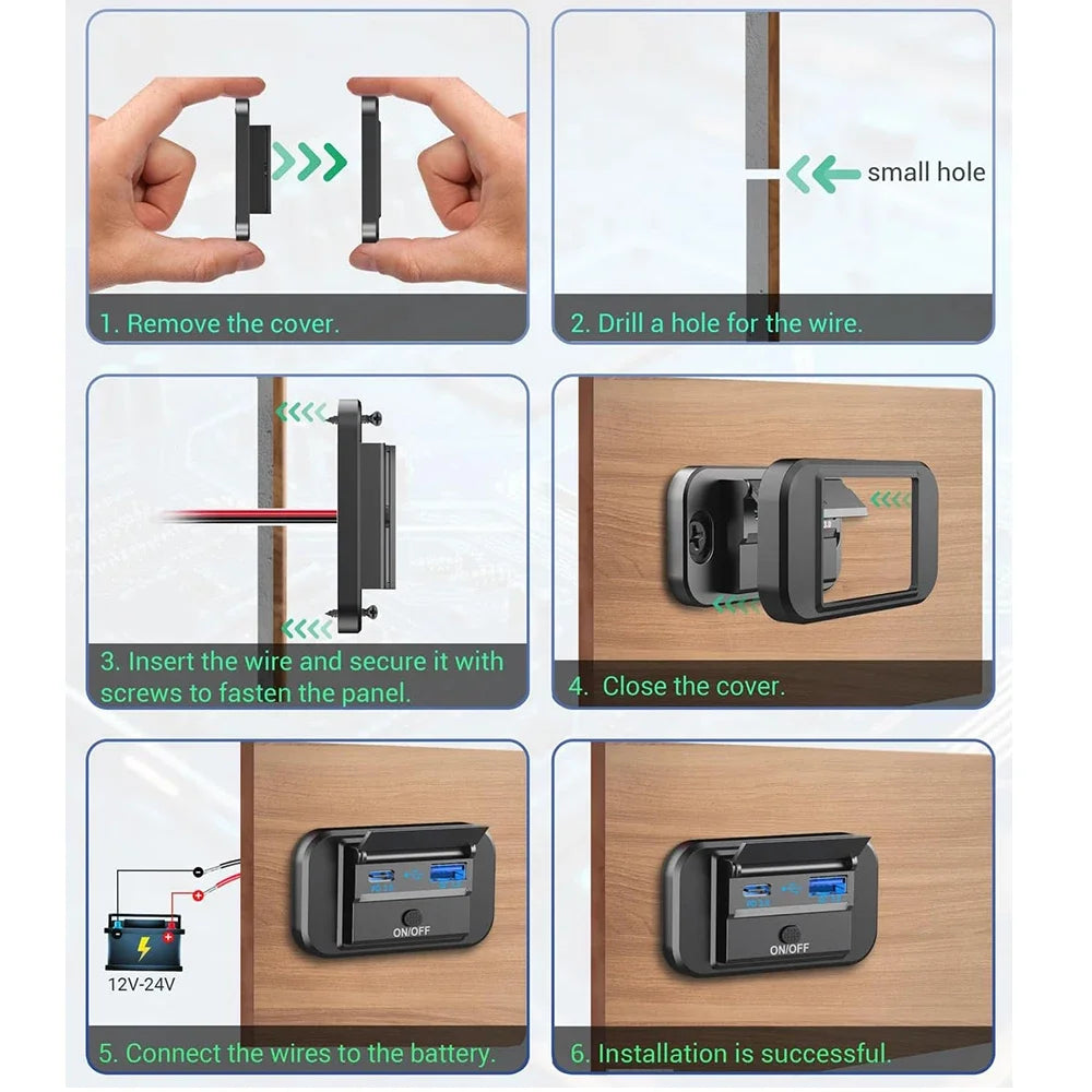 12V RV USB Outlet 36W QC3.0 55W PD Type C Charger Socket Power Switch
