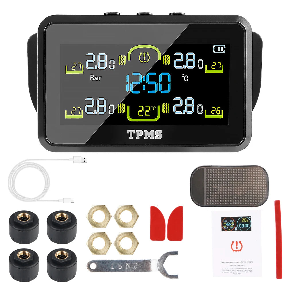 Solar TPMS Tire Pressure Monitor T14-1 4 External Sensors Temperature Warning