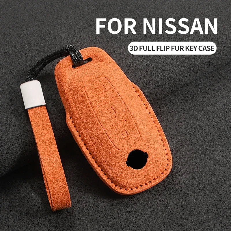 3-Button Suede Smart Key Case Cover with Keyring for Nissan Qashqai X-Trail