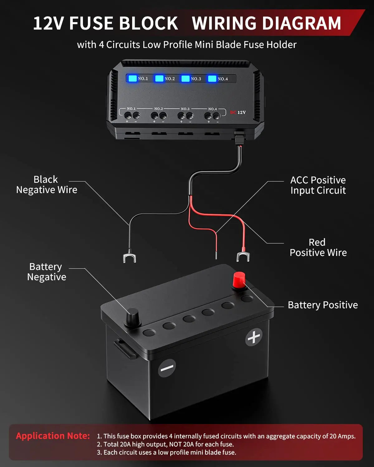 Anchtek 12V Motorcycle Fuse Box 4 Circuit Mini Blade Fuse Holder LED Indicator
