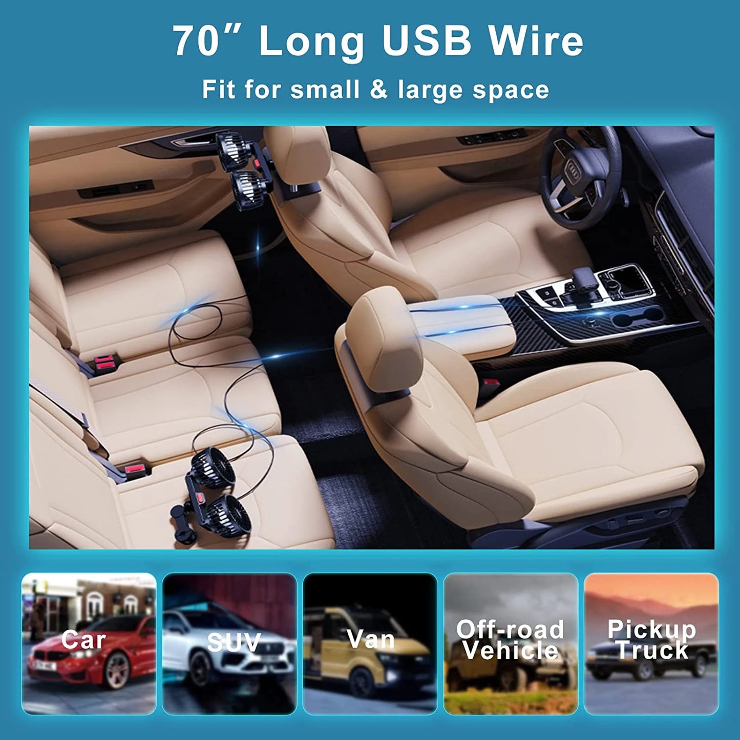 360° Dual Head Car Seat Fan 3 Speed USB Rechargeable Adjustable Cooling