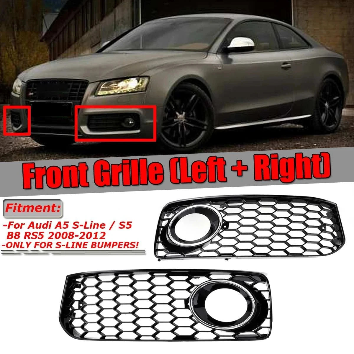 Front Honeycomb Fog Light Racing Grille Cover for Audi A5 S-Line S5 B8 2008–2012