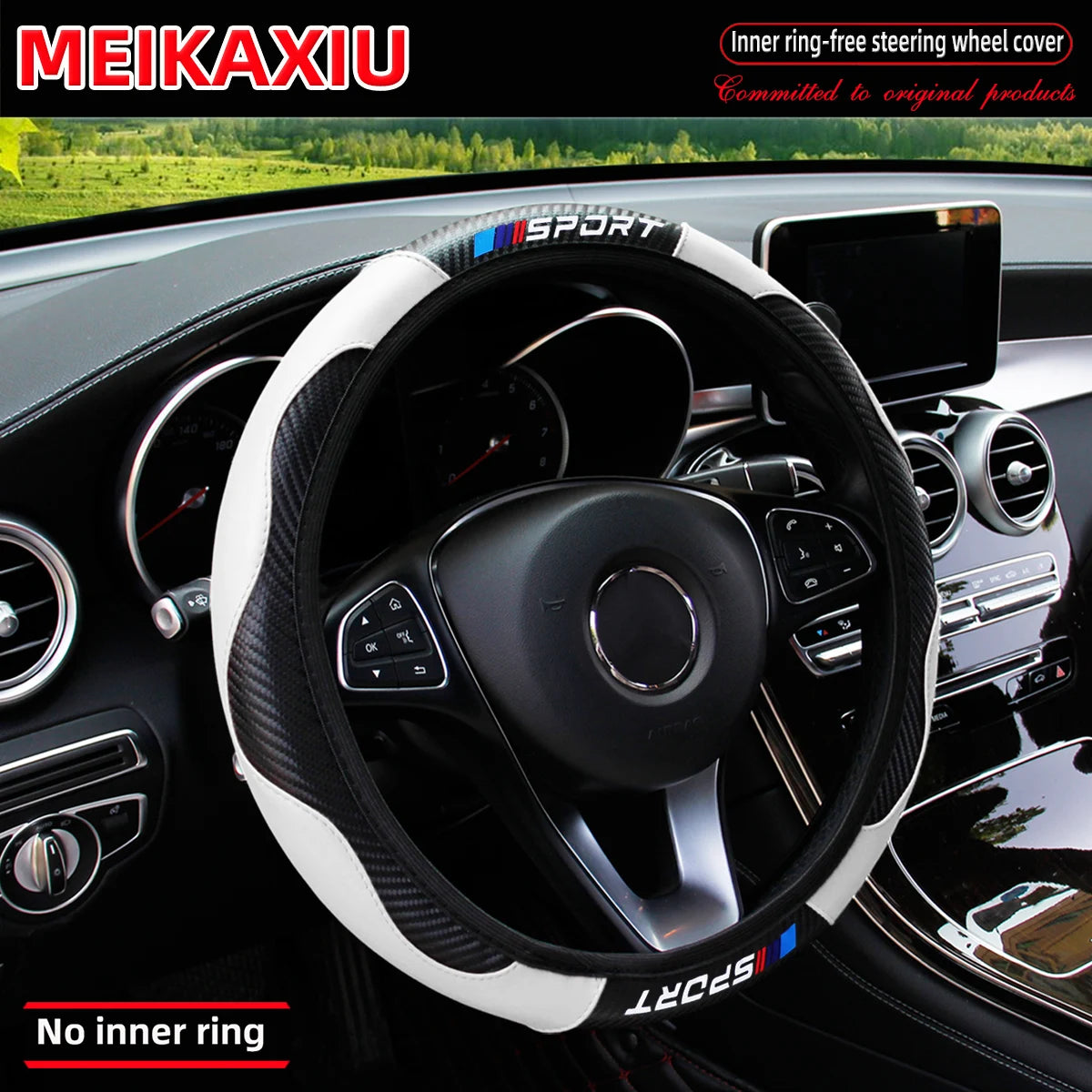 SPORT Carbon Fiber PU Leather Steering Wheel Cover Universal Rimless Non-Slip