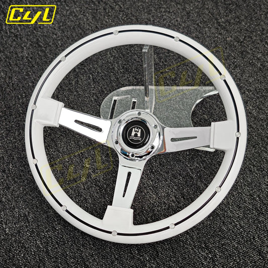 14" White Deep Dish Steering Wheel Chrome Spoke Racing Drift Wheel Rivets