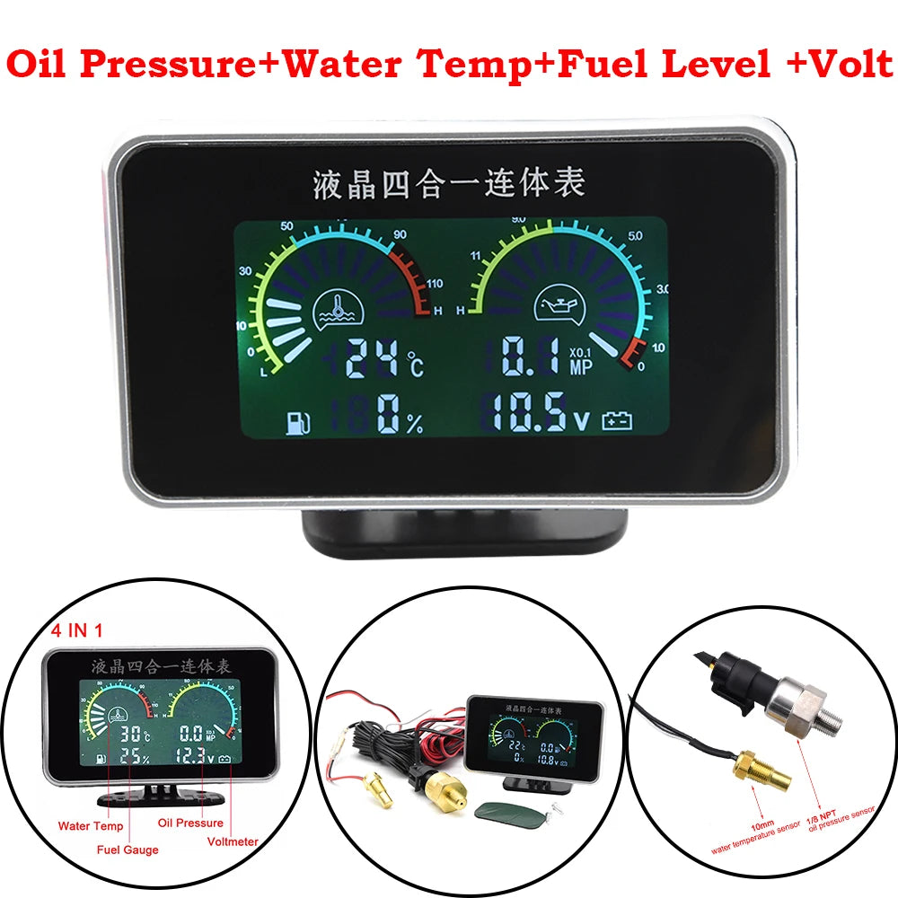 2/3/4-in-1 LCD Digital Oil Pressure Gauge Voltmeter Fuel Level Water Temp