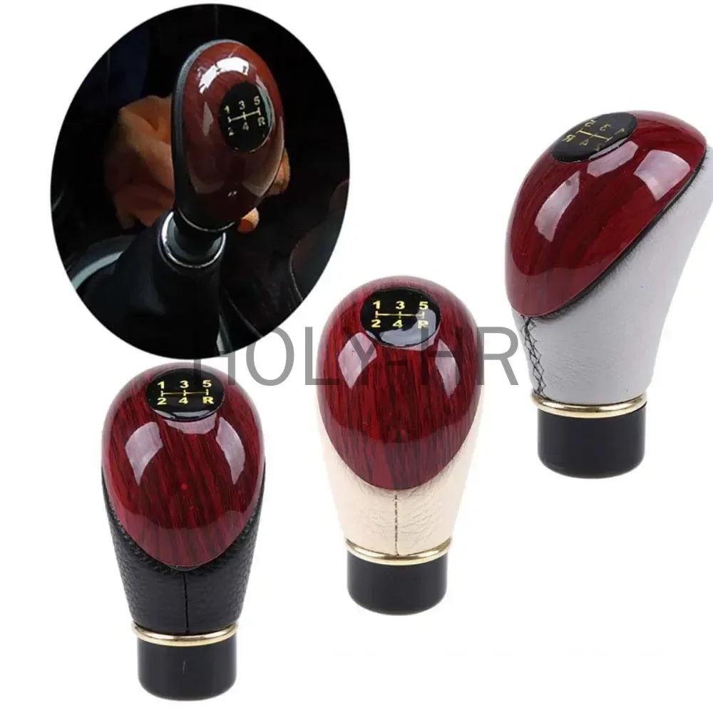 Universal 5-Speed Wood PU Leather Manual Gear Shift Knob Car Truck