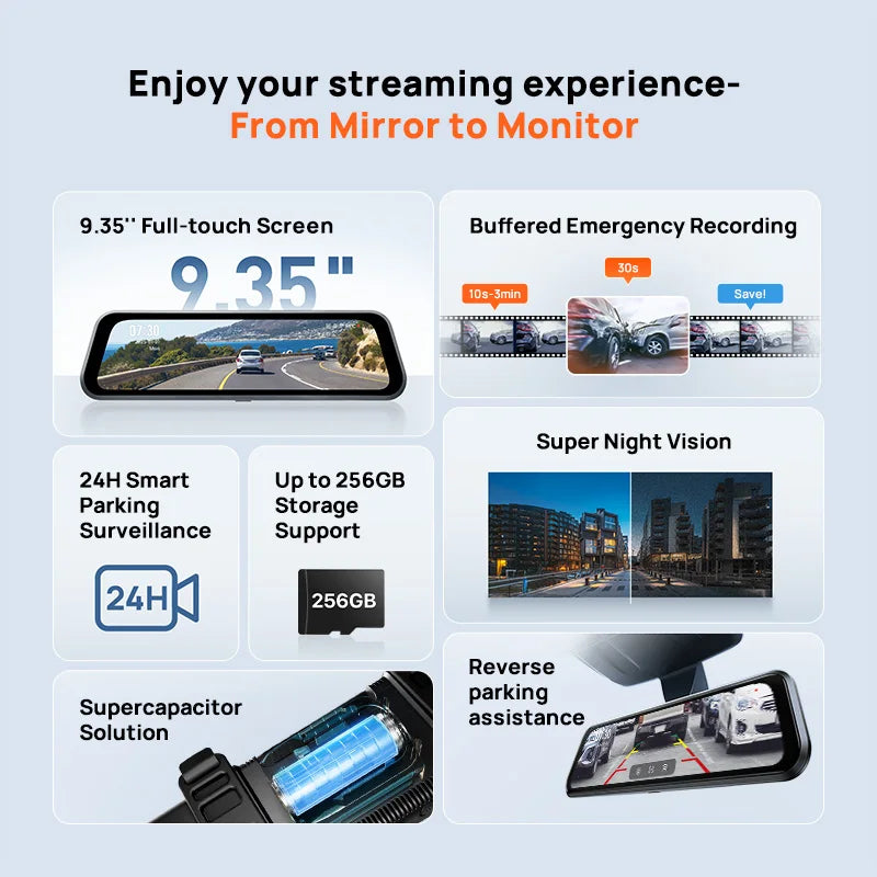 70mai S410 Rearview Mirror Dash Cam 9.35" Touch Display with Front 2K