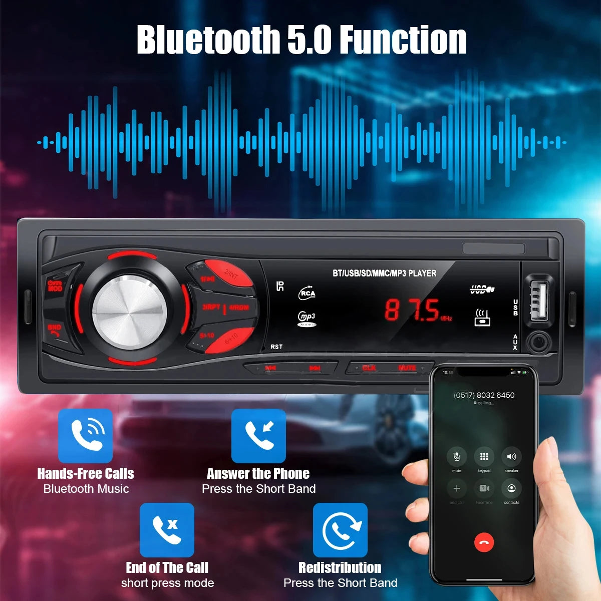 PHONEPACE Bluetooth Car Stereo 4x15W FM Radio MP3 USB SD AUX Hands Free
