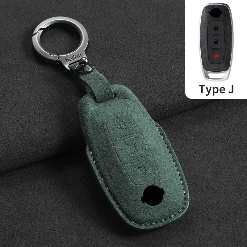 3-Button Suede Smart Key Case Cover with Keyring for Nissan Qashqai X-Trail