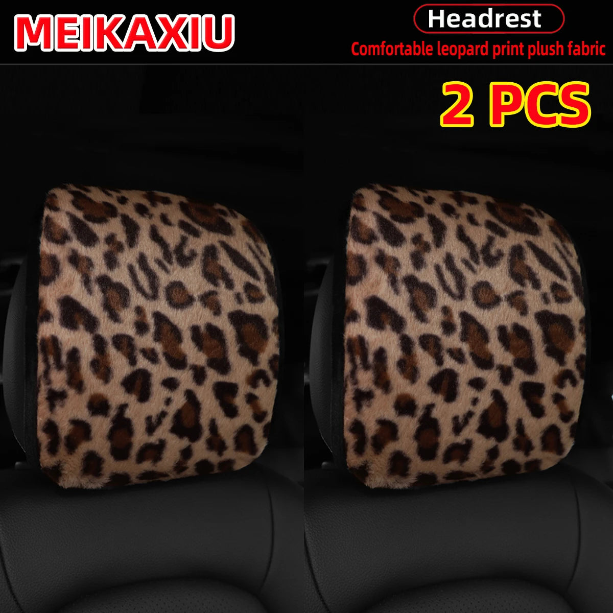 1PC/2PCSLeopard Print Faux Fur Car Headrest Cover Soft Plush Pillowcase
