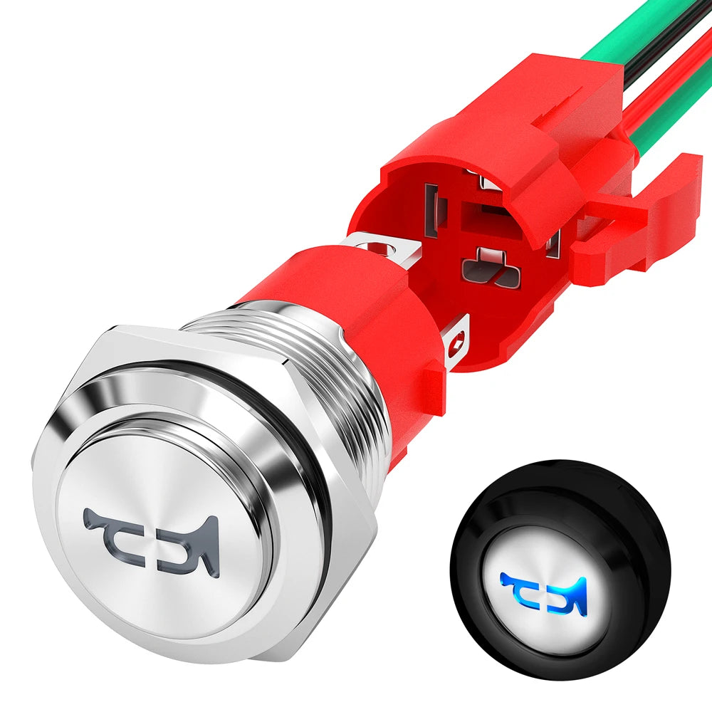 DaierTek 16mm Metal Horn Button Switch 12V 20A Blue LED Momentary