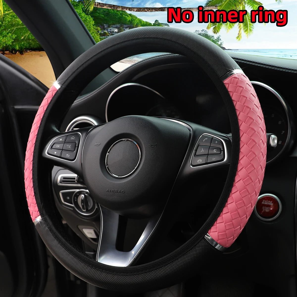 14.5–15" PU Braided Leather Steering Wheel Cover Universal Metal Accent Rimless Cover