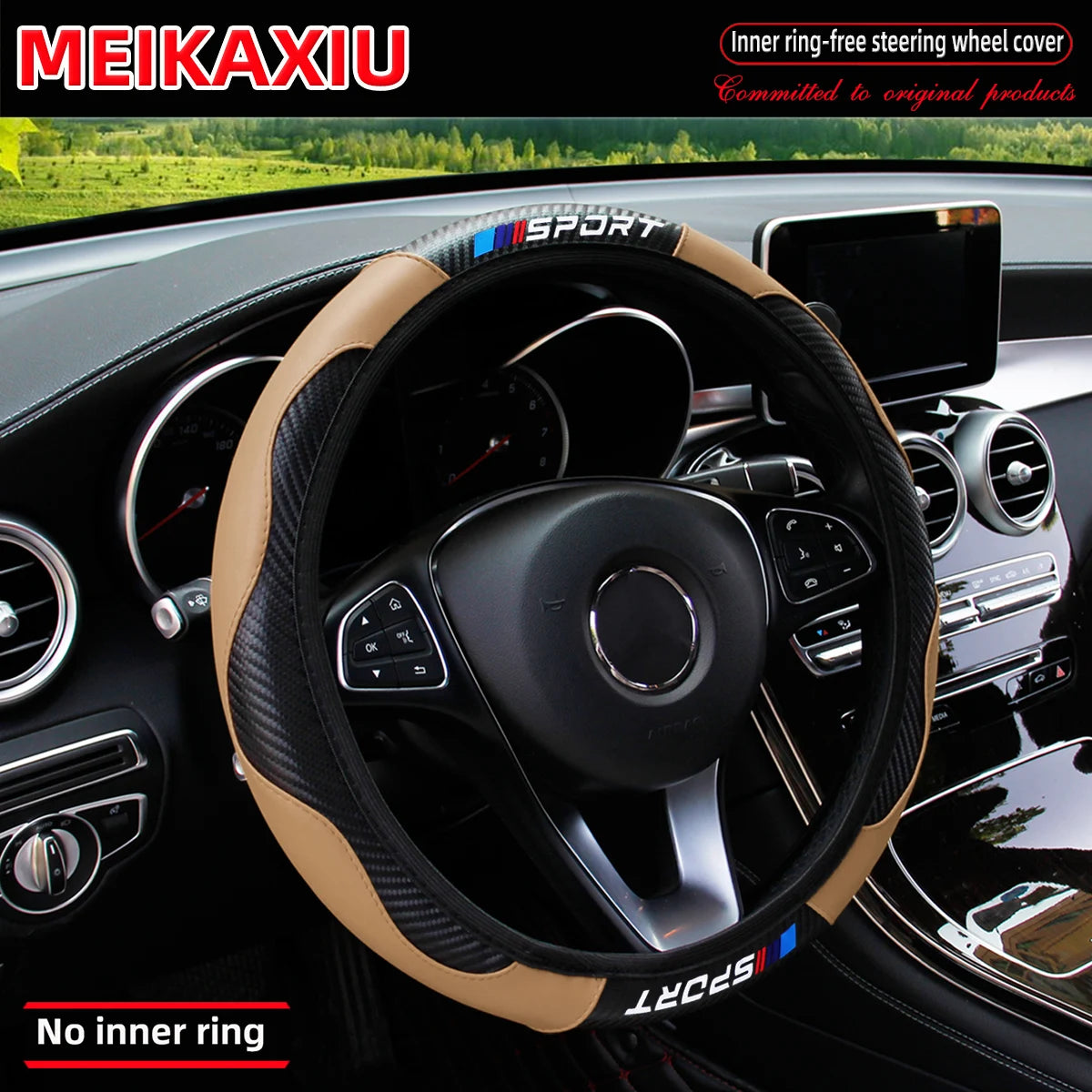 SPORT Carbon Fiber PU Leather Steering Wheel Cover Universal Rimless Non-Slip