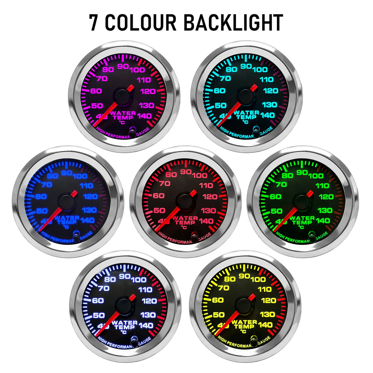 52mm 12V Water Temp Gauge 40-140°C 7 Color LED Pointer Stepper Motor Meter