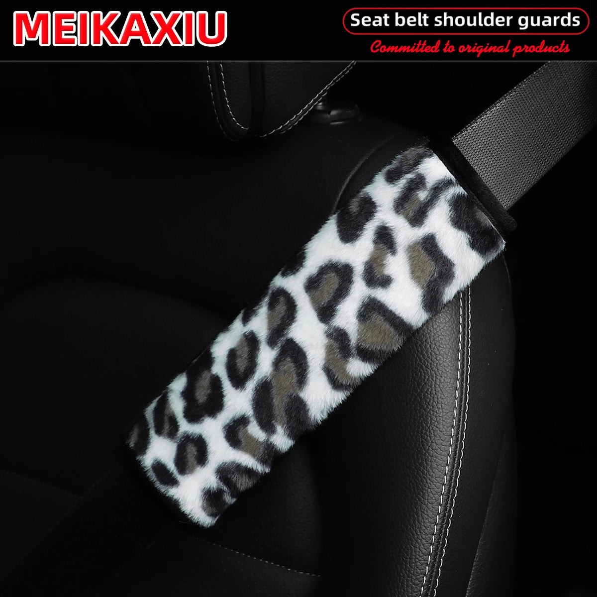Leopard Print Plush Seat Belt Shoulder Pad Covers Soft Comfort Safety Belt Protectors