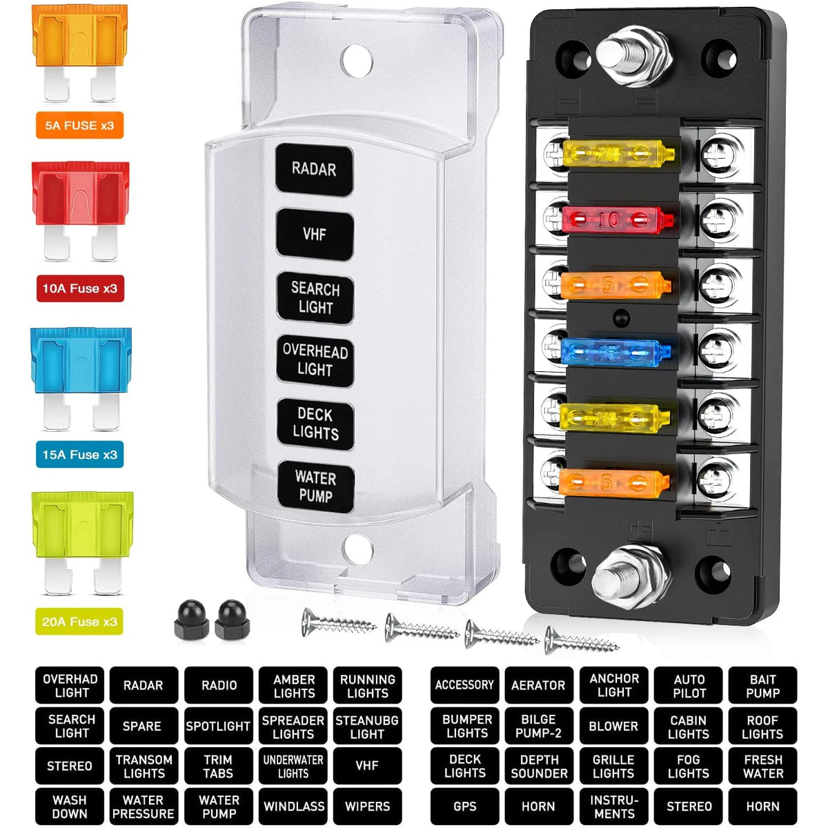 DaierTek 6 Way Fuse Block 12V 24V Blade Fuse Box with Negative Bus