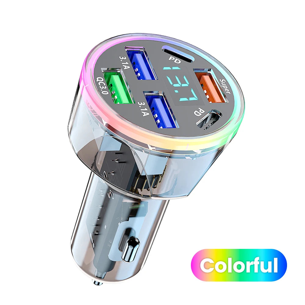 6 Port Car USB Charger 4 USB + 2 Type C PD QC3.0 Fast Charge Digital Display