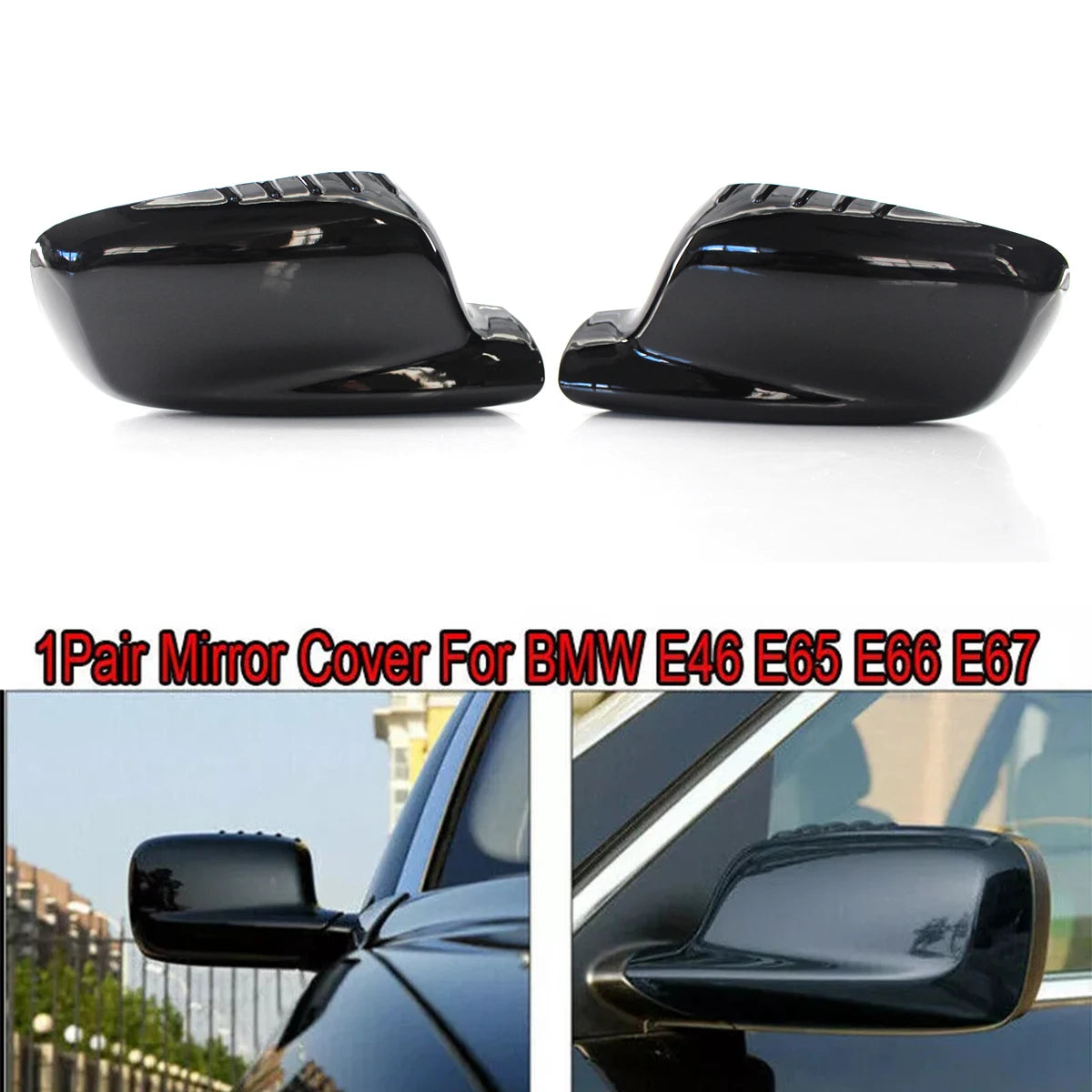 Gloss Black Side Mirror Cover Caps for BMW 7 Series E65 E66 E67 & E46 1999–2008
