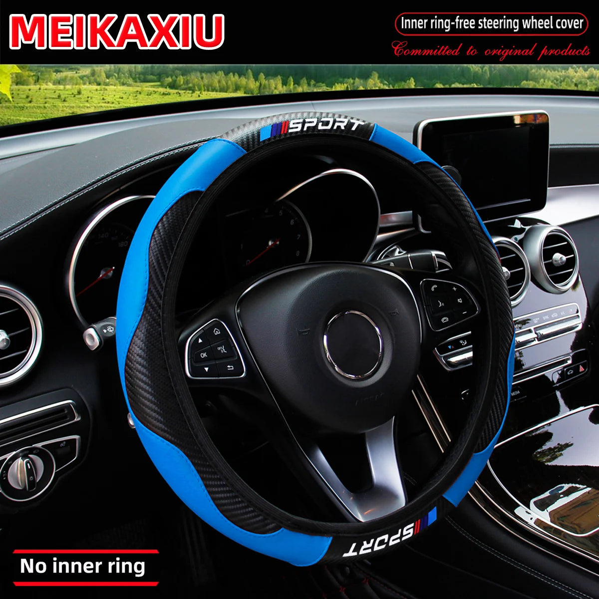 SPORT Carbon Fiber PU Leather Steering Wheel Cover Universal Rimless Non-Slip