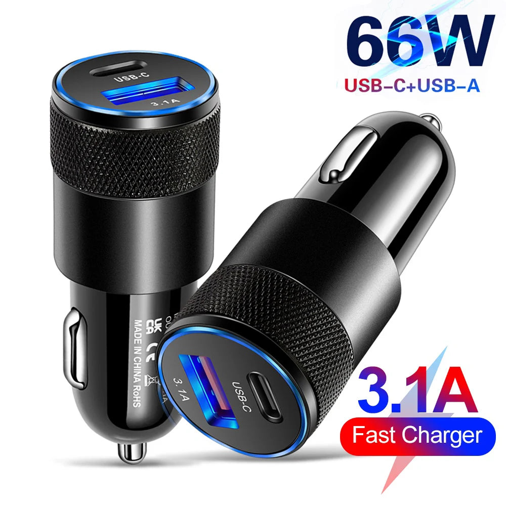 66W USB Car Charger PD Type C Fast Charging Adapter 12V/24V Cigarette Lighter