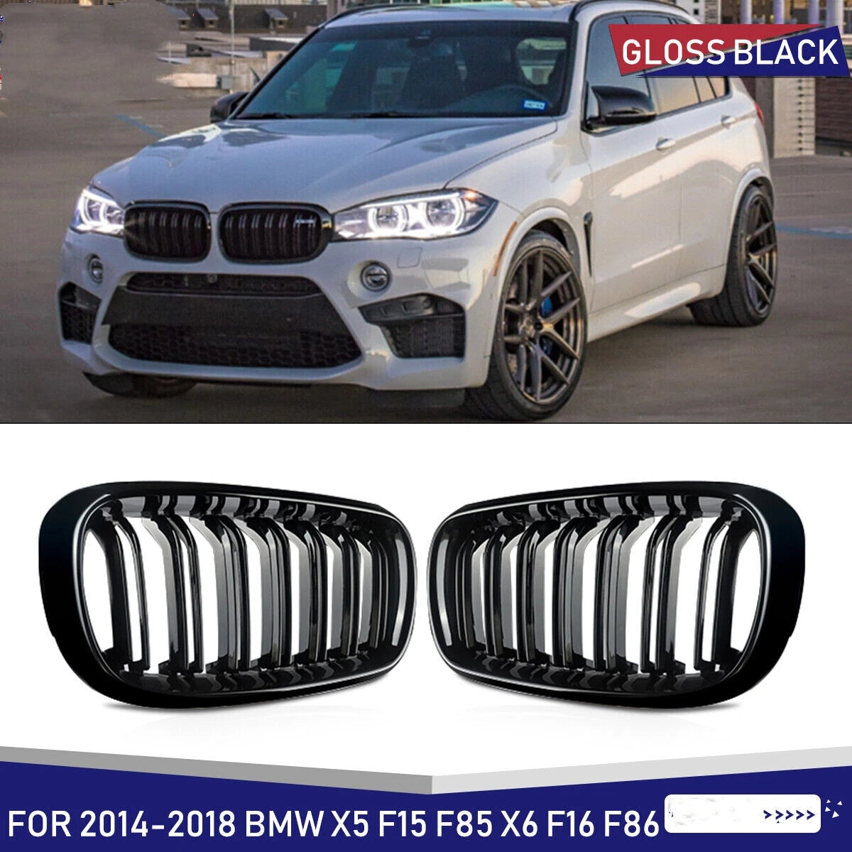 Gloss Black Double Slat Kidney Racing Grille for BMW X5 F15 X6 F16 F85 2014–2018