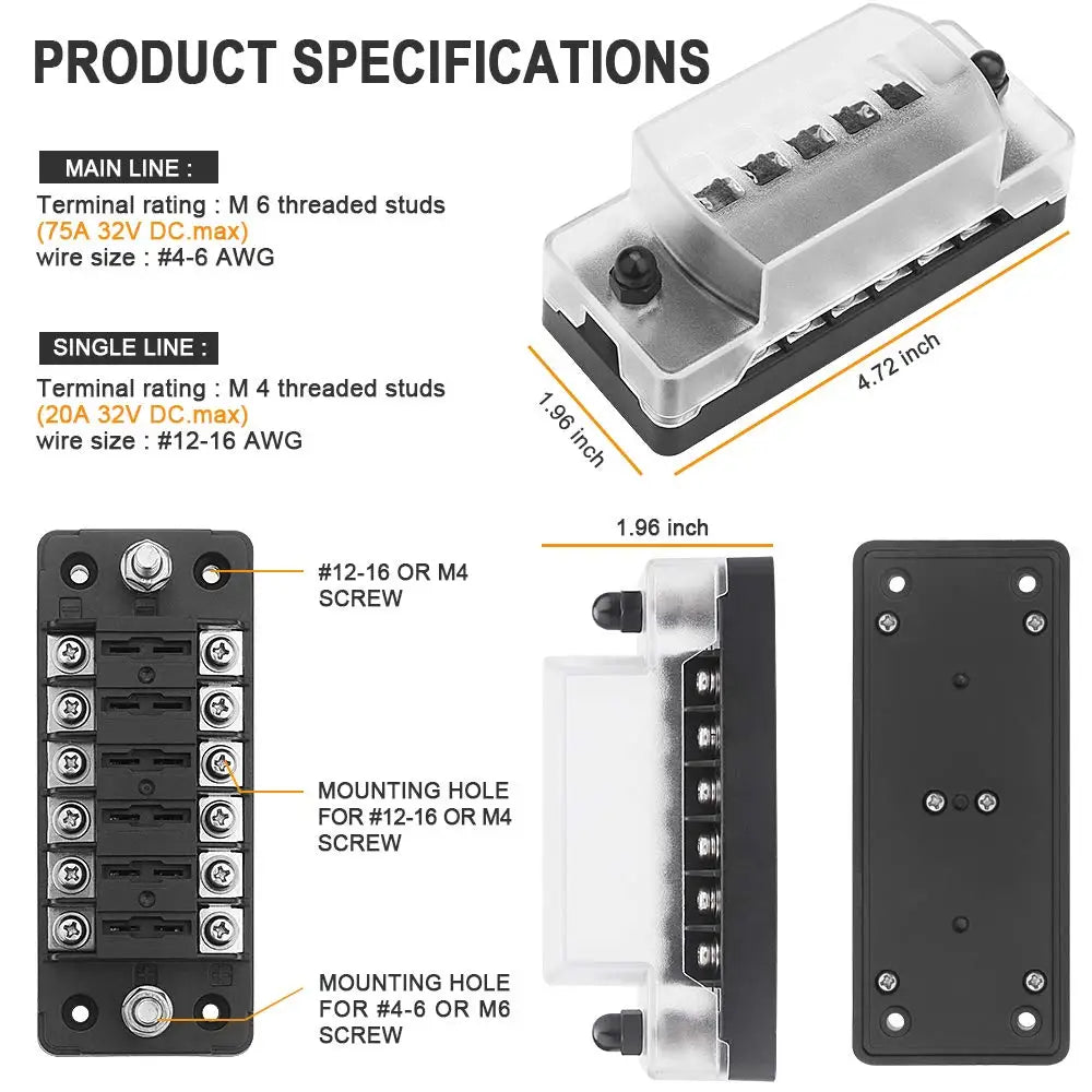 DaierTek 6 Way Fuse Block 12V 24V Blade Fuse Box with Negative Bus