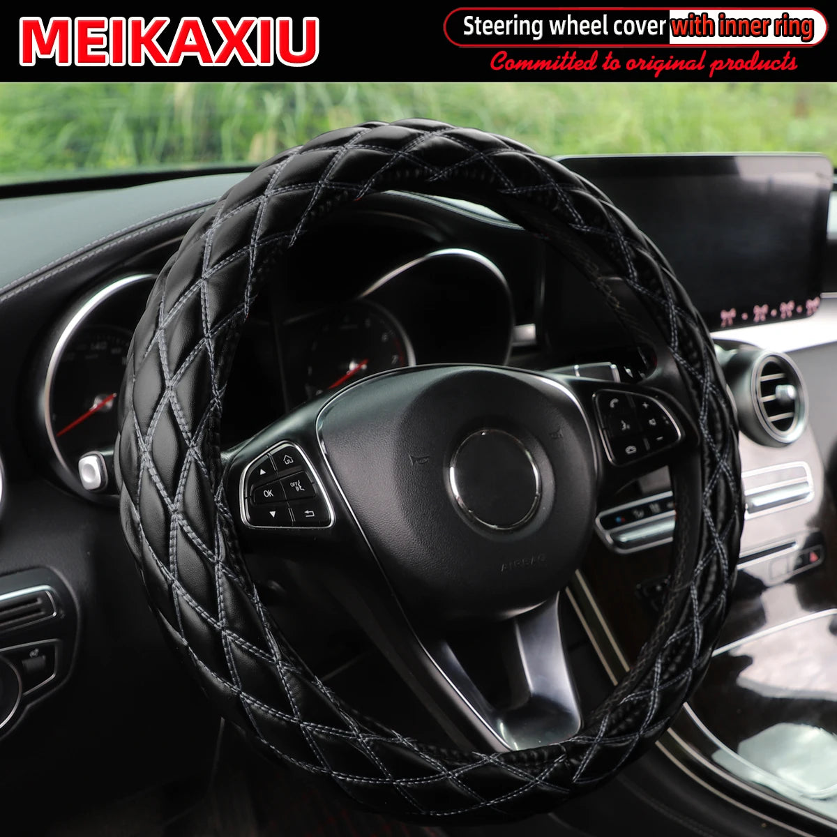 36–38cm Universal PU Leather Sheepskin Embroidered Steering Wheel Cover