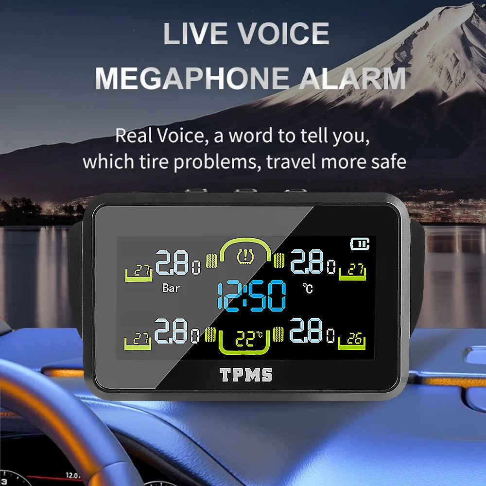 Solar TPMS Tire Pressure Monitor T14-1 4 External Sensors Temperature Warning