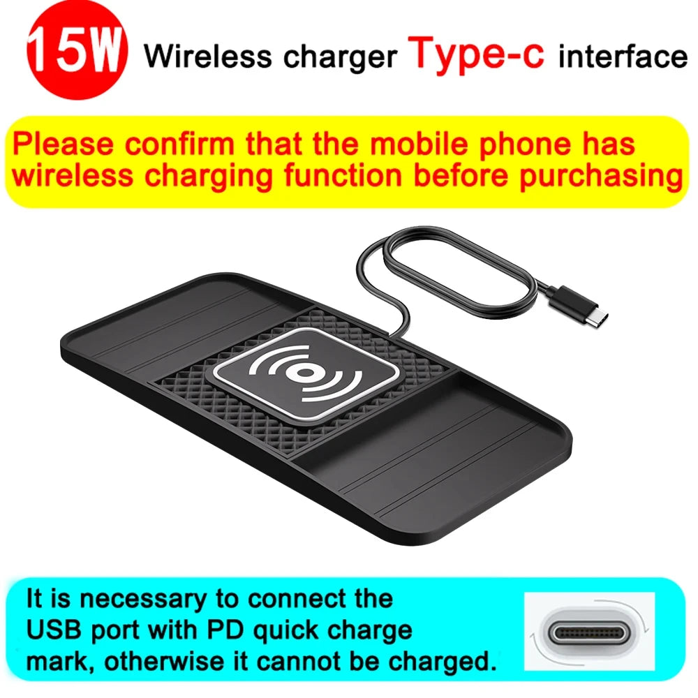 15W Fast Wireless Car Charger Pad Non-Slip Rubber Mat USB Powered Phone Pad